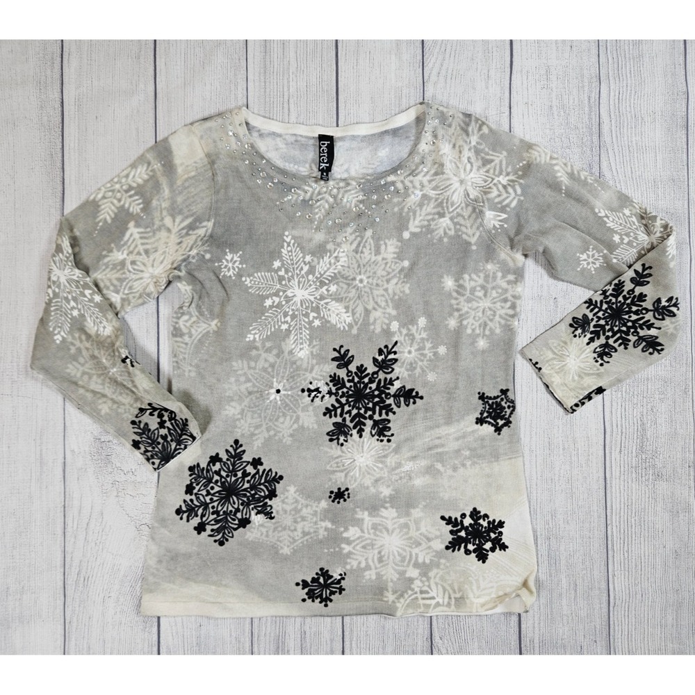 Berek Sweater Womens Medium Gray Snowflake Embellished Ramie Cotton Holiday